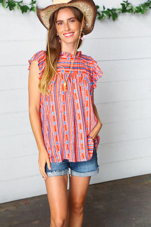 Red & Blue Boho Stripe Flutter Sleeve Top