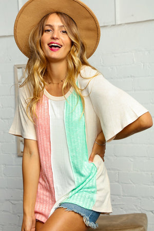 Two Tone Knit Vertical Multi Color Block Top