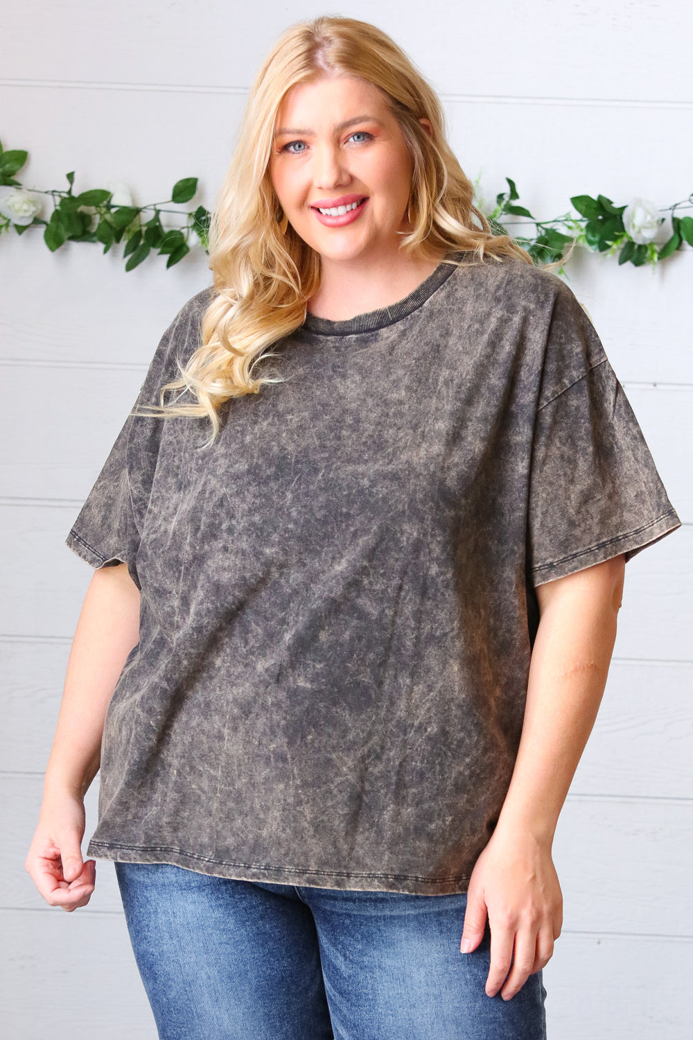 Black Cotton Wash Short Sleeve Crew Neck Top