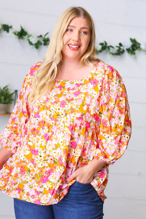 Orange Square Neck Peplum Floral Challis Top