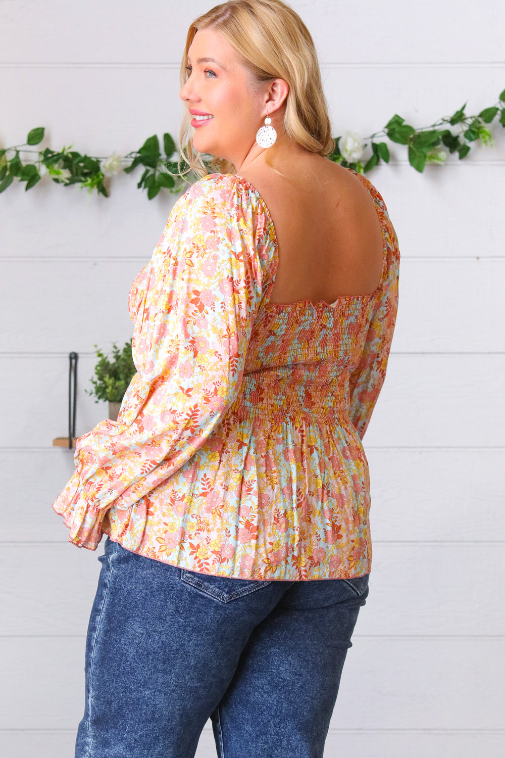 Peach/Teal Floral Square Neck Smocked Challis Blouse