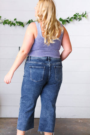 Dark Blue Raw Hem Cropped Denim Jeans