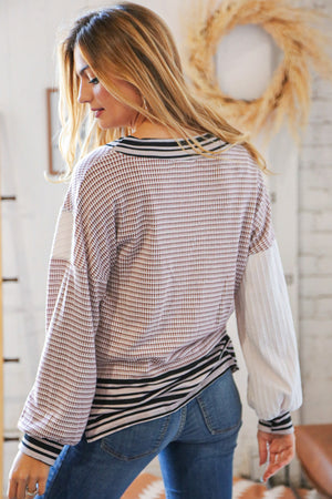 Mauve Two Tone Cable Knit Striped V Neck Top