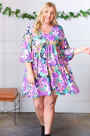 Mint Floral Babydoll Bell Sleeve Pocketed Dress