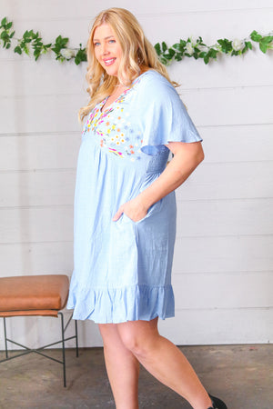 Chambray Floral Embroidery Ruffle Hem Dress