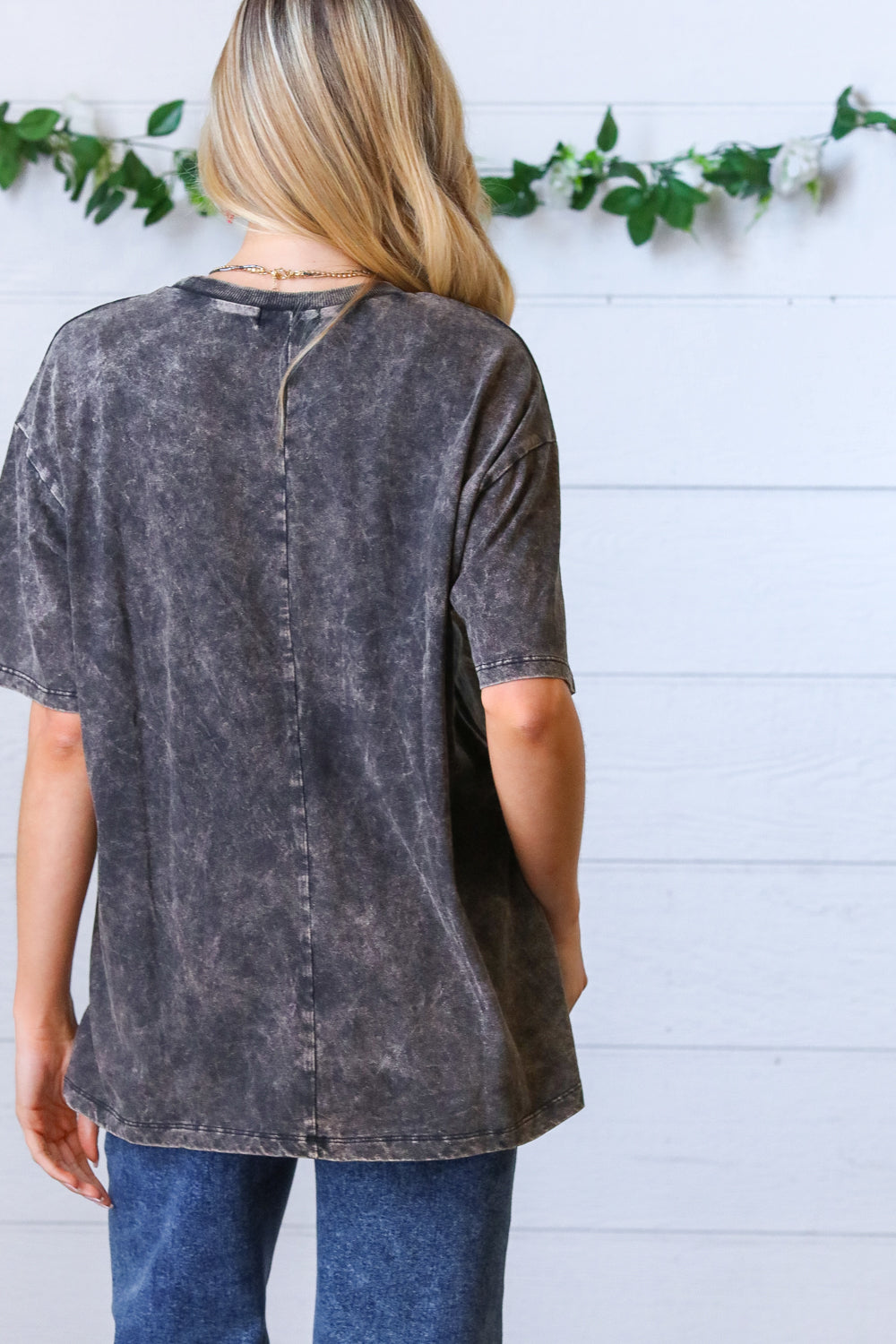 Black Cotton Wash Short Sleeve Crew Neck Top