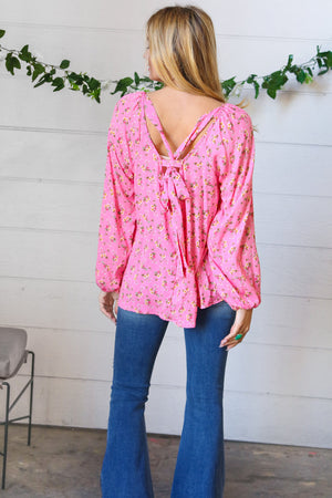 Pink Floral Overlock Sash Tie Back Top
