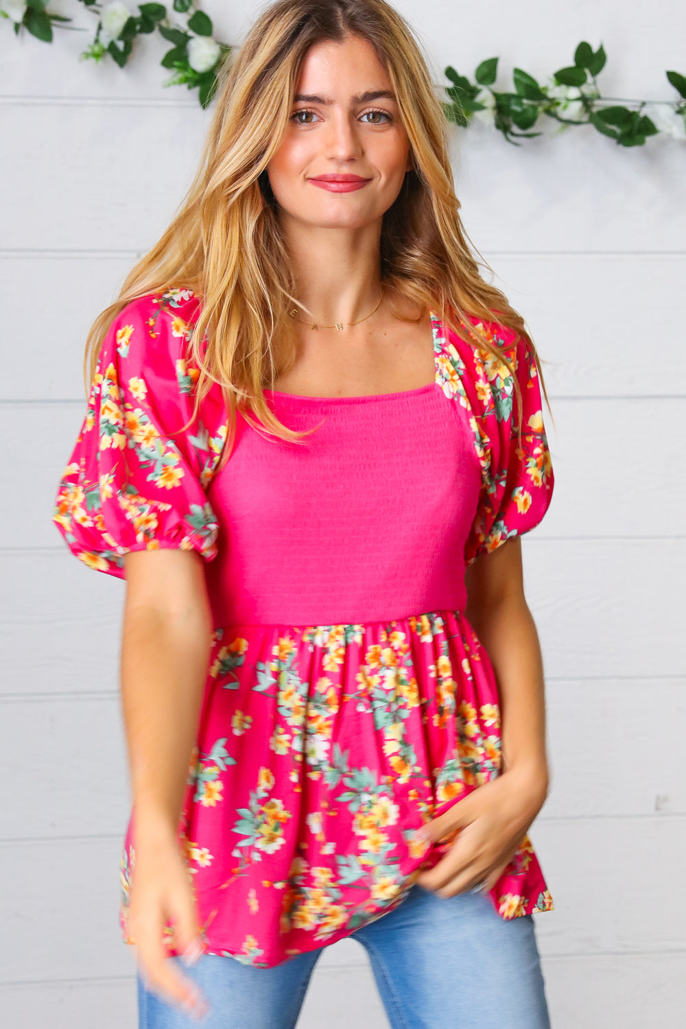 Fuchsia Floral Smocked Square Neck Top