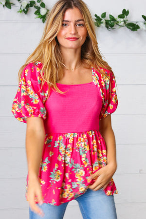 Fuchsia Floral Smocked Square Neck Top