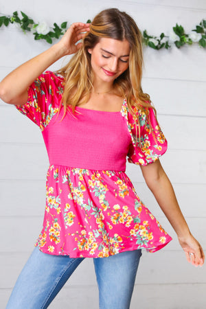 Fuchsia Floral Smocked Square Neck Top
