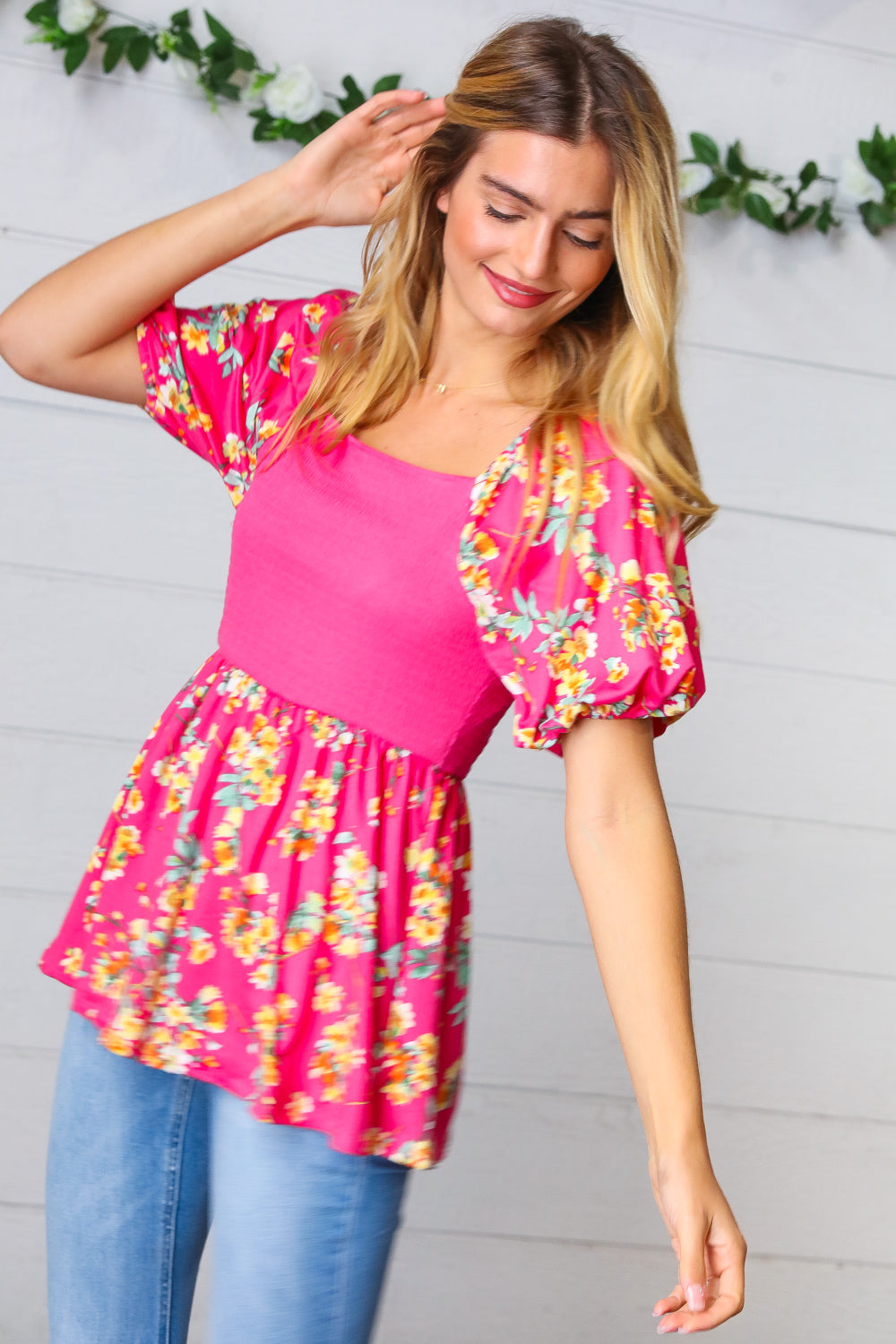 Fuchsia Floral Smocked Square Neck Top