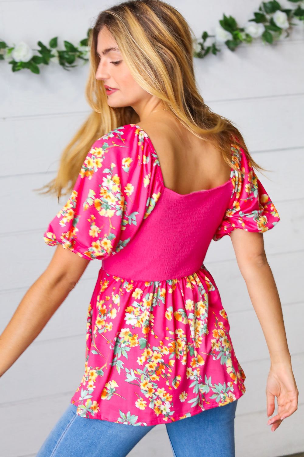 Fuchsia Floral Smocked Square Neck Top