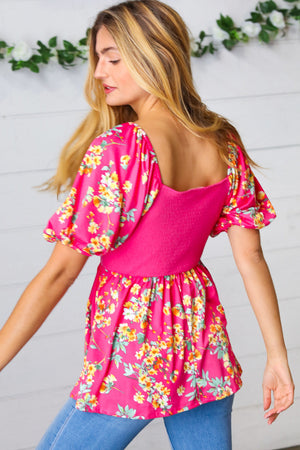 Fuchsia Floral Smocked Square Neck Top