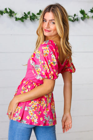 Fuchsia Floral Smocked Square Neck Top