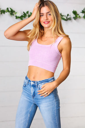 Lilac Washed Rib Cropped Square Neck Tank
