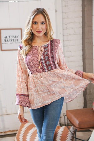 Berry Ethnic Floral Front Beaded Tie Peasant Woven Blouse