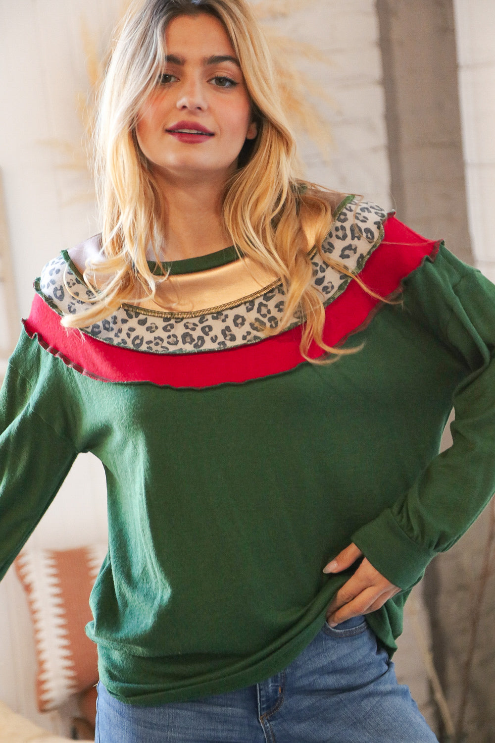 Christmas Green Terry Hacci Color Block Pullover