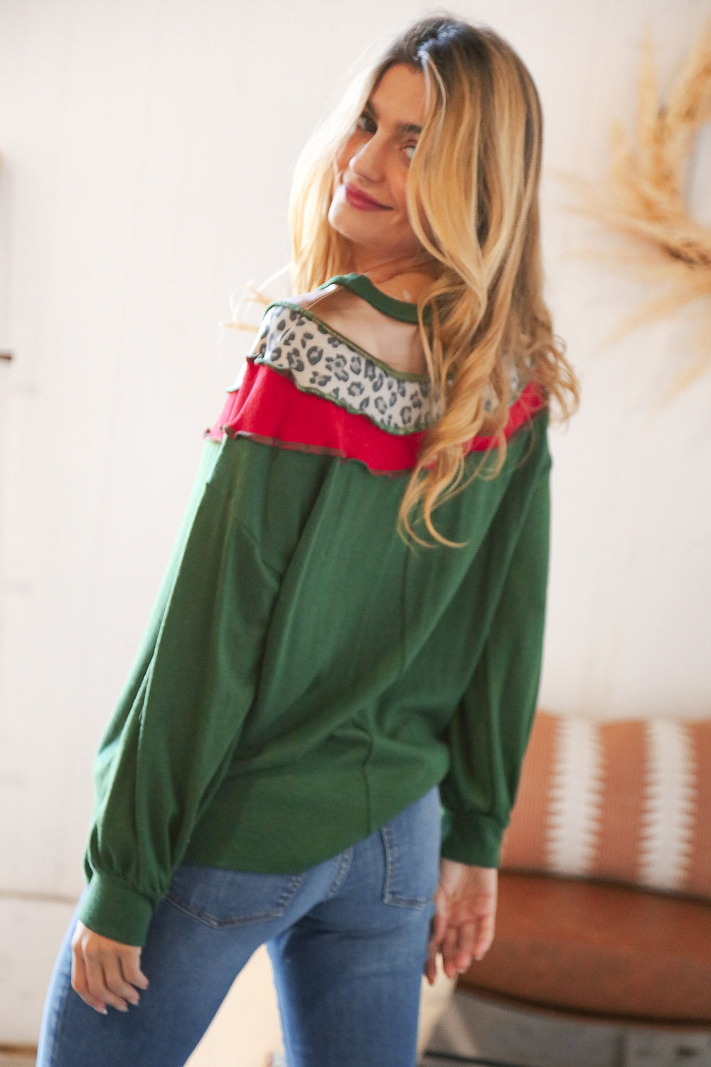 Christmas Green Terry Hacci Color Block Pullover