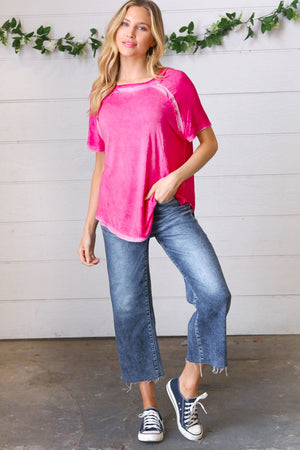 Washed Pink Raw Edge Short Sleeve Top