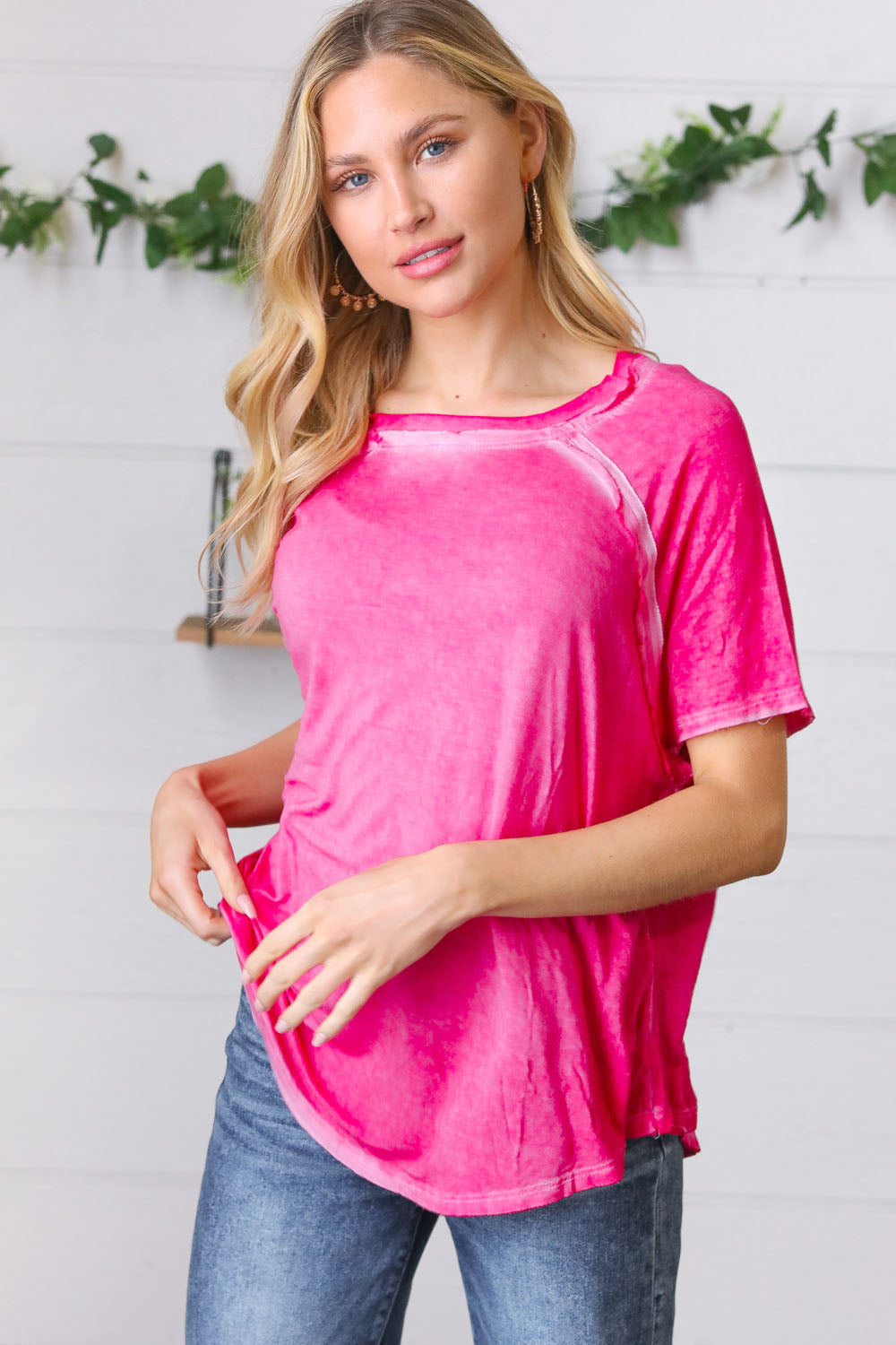 Washed Pink Raw Edge Short Sleeve Top