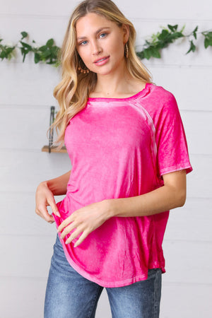 Washed Pink Raw Edge Short Sleeve Top