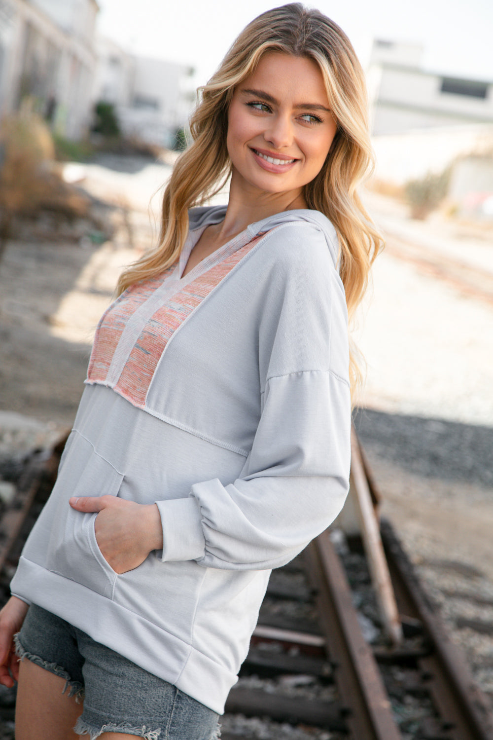 Baby Blue Thermal Vintage Print Out Seam Hoodie