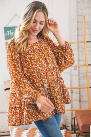 Cinnamon Floral Tiered Bubble Sleeve Keyhole Clasp Blouse