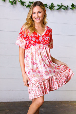 Red & Blush Floral Paisley Ruffle Hem Pocketed Dress