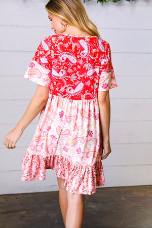 Red & Blush Floral Paisley Ruffle Hem Pocketed Dress