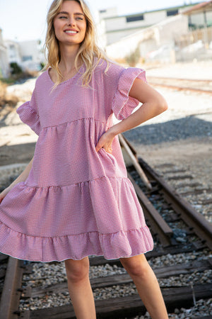 Red Ruffle Tiered Gingham Cotton Pocketed Dress