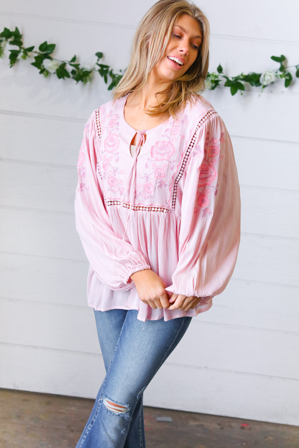 Blush Embroidered Tie String Peasant Top