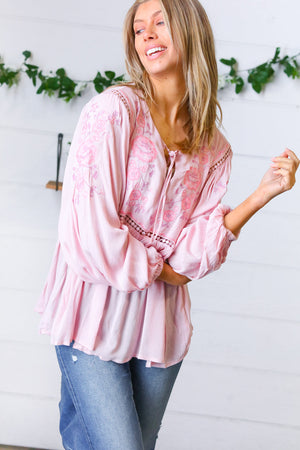 Blush Embroidered Tie String Peasant Top