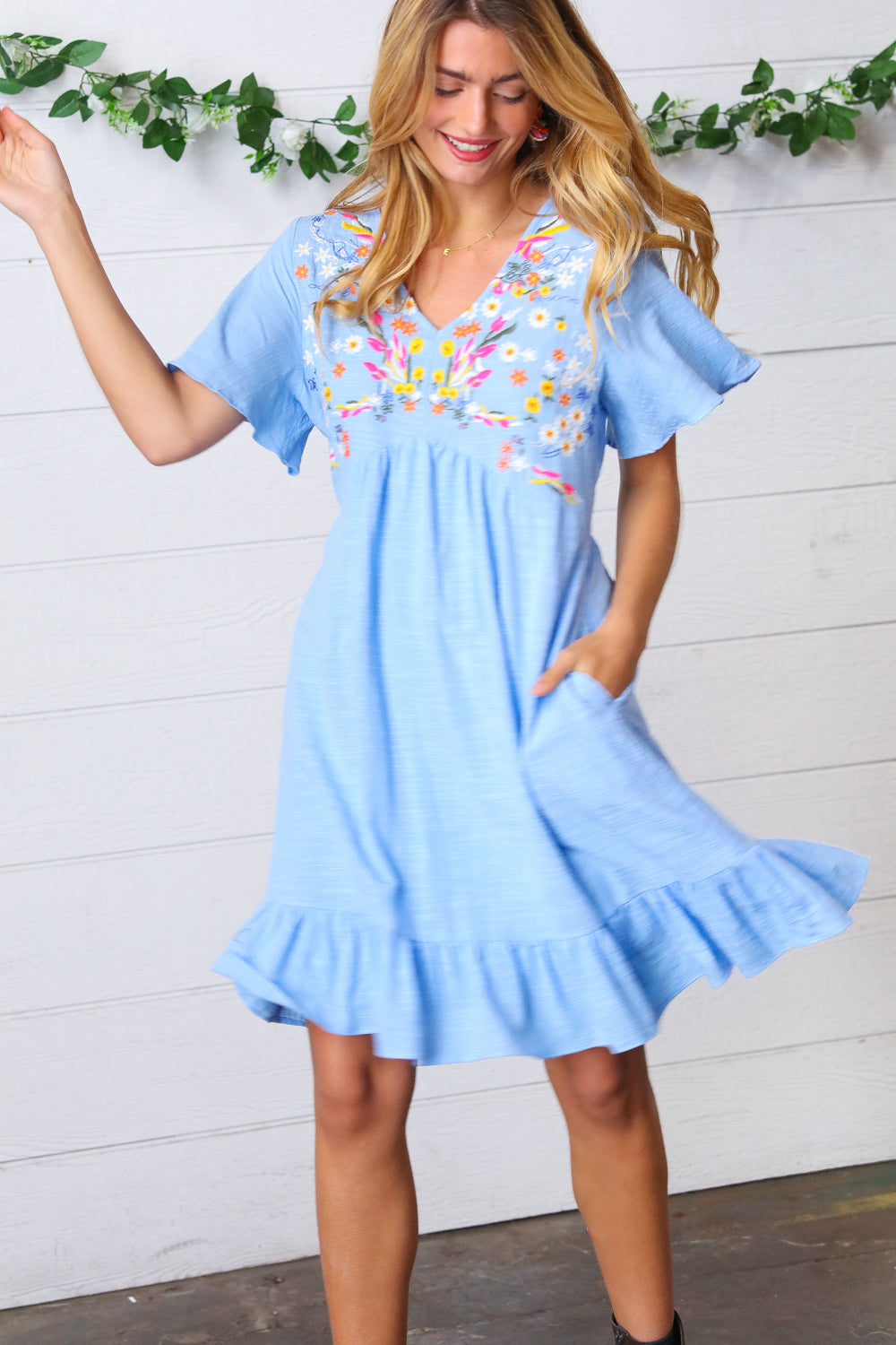 Chambray Floral Embroidery Ruffle Hem Dress
