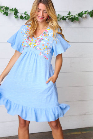 Chambray Floral Embroidery Ruffle Hem Dress