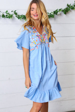 Chambray Floral Embroidery Ruffle Hem Dress