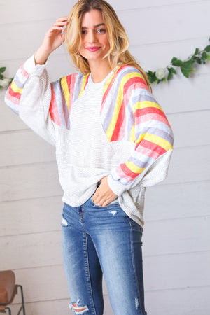 Grey Two Tone Multi Color Stripe Raglan Top