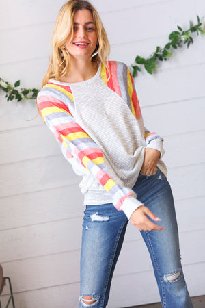 Grey Two Tone Multi Color Stripe Raglan Top