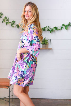 Mint Floral Babydoll Bell Sleeve Pocketed Dress