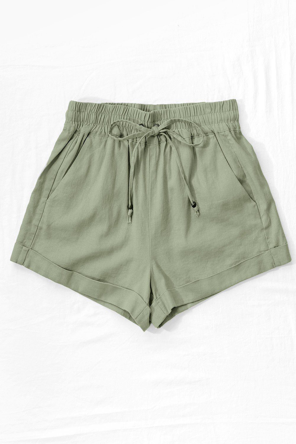 Olive Mid Rise Smocked Drawstring Linen Shorts