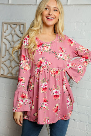 FLORAL PRINT BELL SLEEVE TUNIC TOP