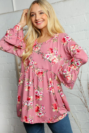FLORAL PRINT BELL SLEEVE TUNIC TOP