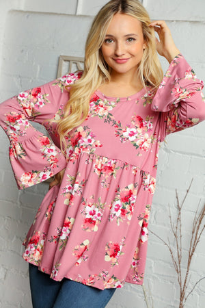 FLORAL PRINT BELL SLEEVE TUNIC TOP