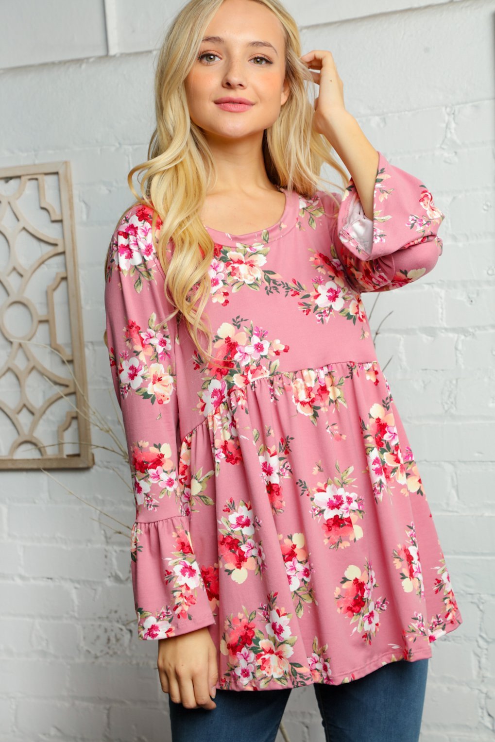 FLORAL PRINT BELL SLEEVE TUNIC TOP