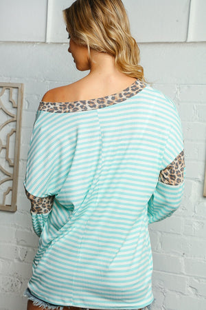 Mint Rib Stripe Leopard Banded V Neck Knit Top