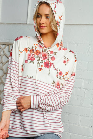 Floral and Stripe Print Pullover Hoodie