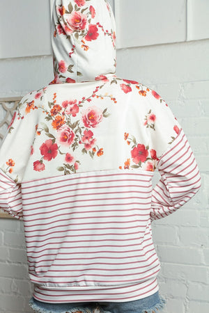 Floral and Stripe Print Pullover Hoodie