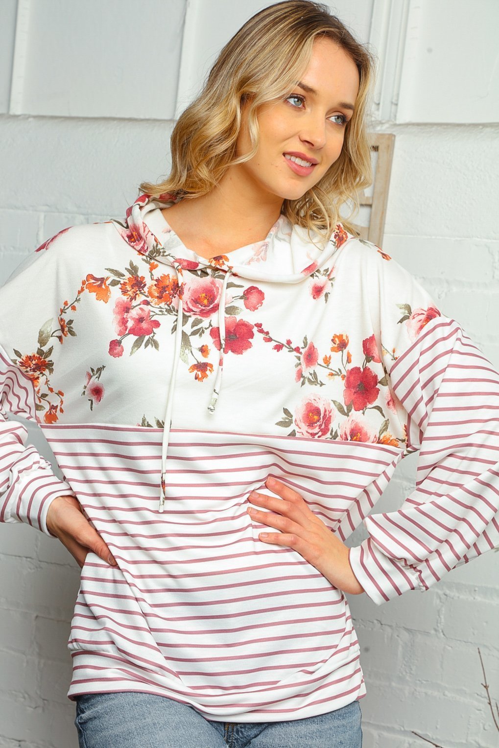 Floral and Stripe Print Pullover Hoodie