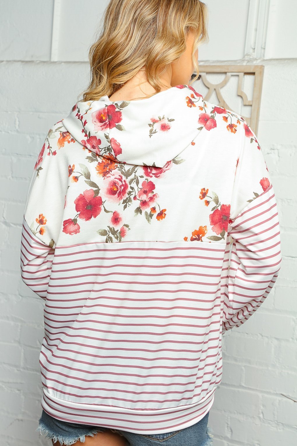 Floral and Stripe Print Pullover Hoodie