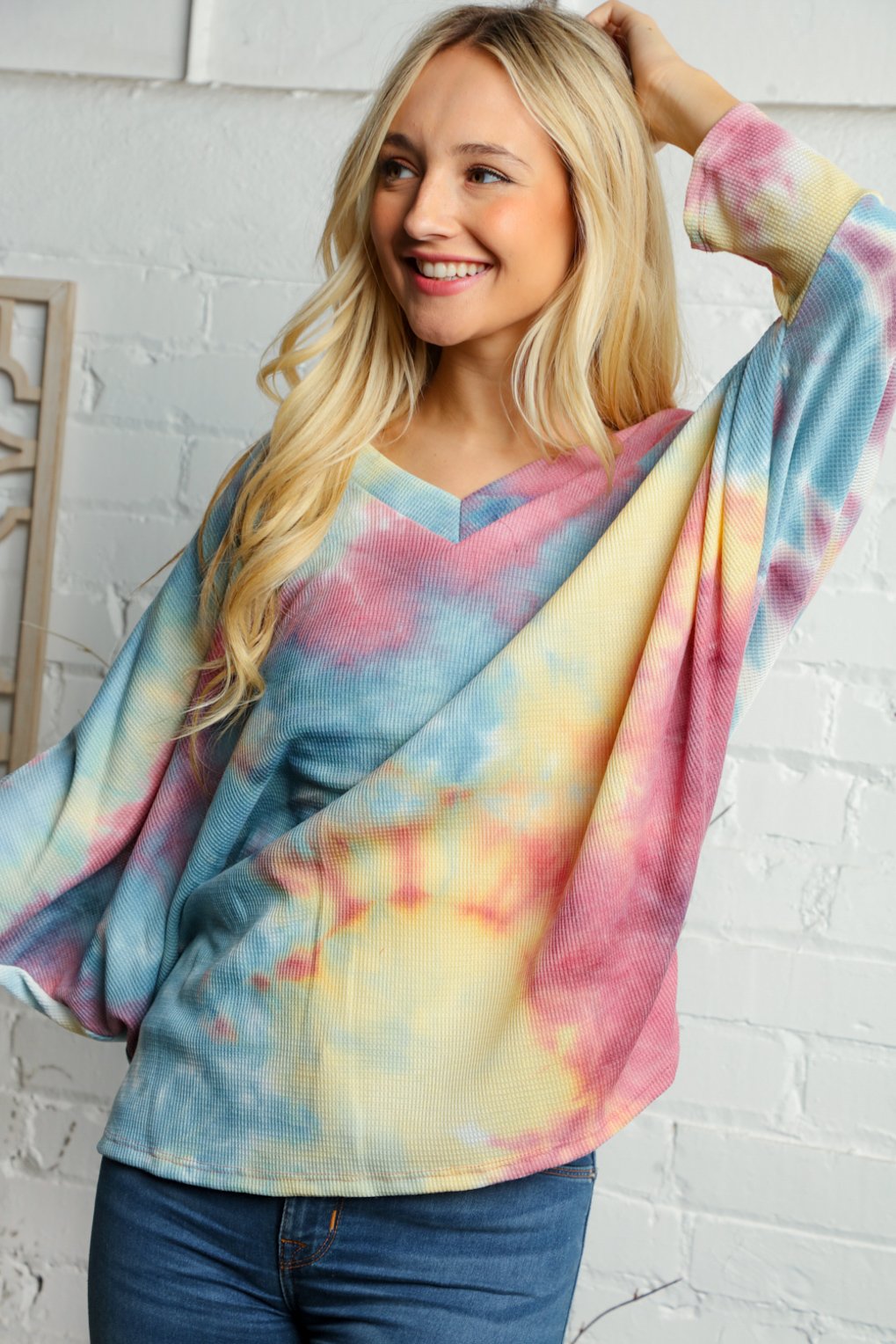 V Neck Multi Color Thermal Dolman Knit Top