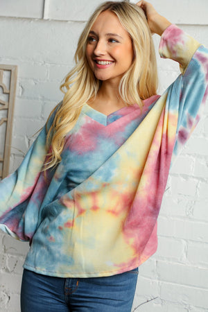 V Neck Multi Color Thermal Dolman Knit Top